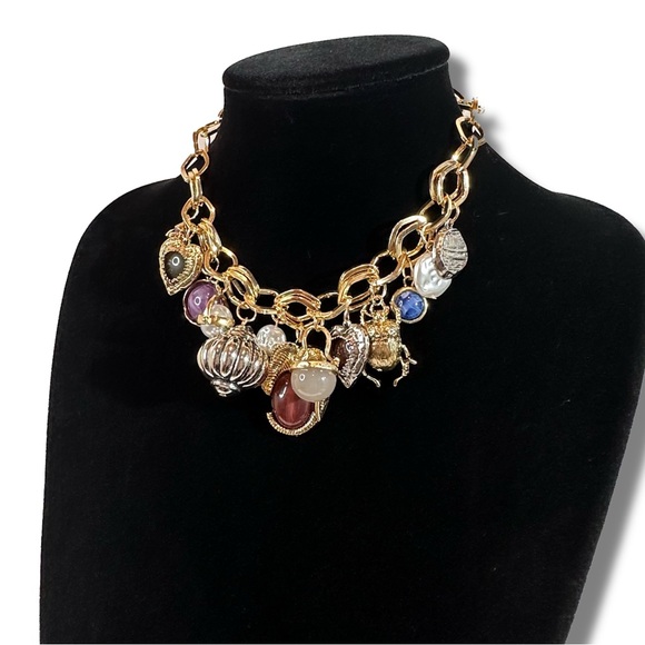 ZARA Double Gold Link Eclectic Burgundy & Blue Charm Necklace | NWOT - Picture 4 of 6